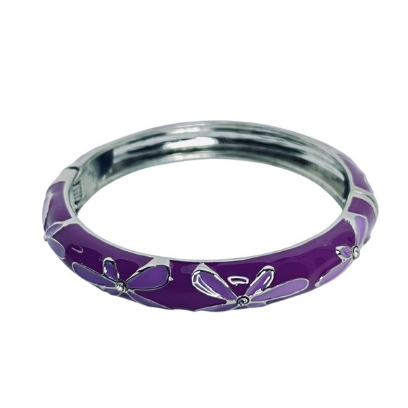Two Tone Purple Flower Silver Tone Hinged Bracelet & Matching Earrings Set (5586 - Picture 4 of 7